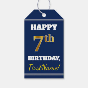 Blått, faux Guld 7:e Birthday + Anpassat namn Presentetikett