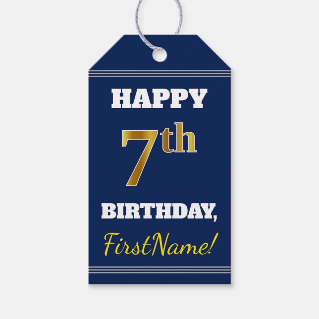 Blått, faux Guld 7:e Birthday + Anpassat namn Presentetikett (Framsidan)