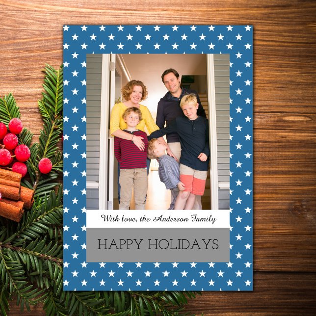 Blått Festive Stars-Helgdag-fotoplatta kort (Blue Festive Stars Holiday Photo Card)