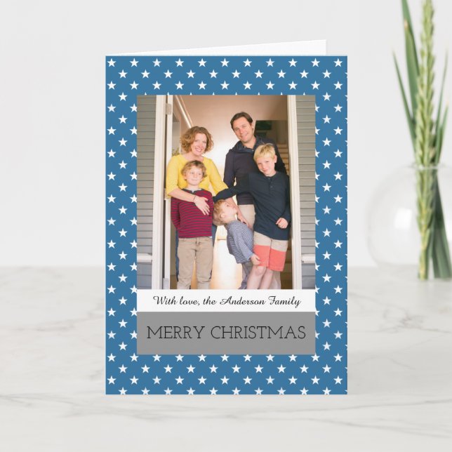 Blått Festive Stars Helgdag Photo Greeting Card Helgkort (Framsida)