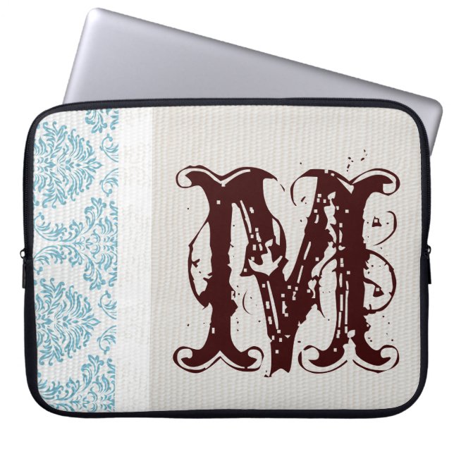 Blått Filigree Damask Monogram 15-tums bärbar dato Laptop Sleeve (Framsidan)