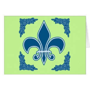 Blått Fleur de Lis med den utsmyckade gränsen Hälsningskort