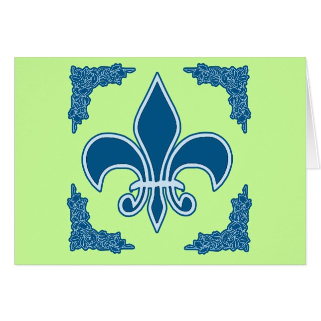 Blått Fleur de Lis med den utsmyckade gränsen Hälsningskort (Framsidan Horizontal)