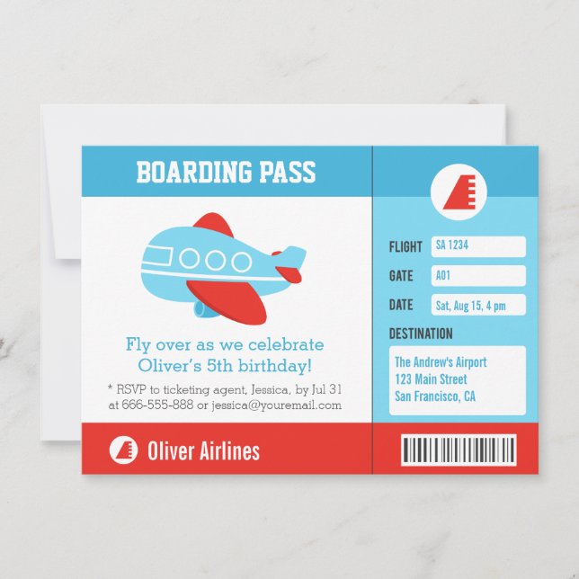 Blått Flygplans Boarding Pass Födelsedagsfest Inbjudningar (Framsida)