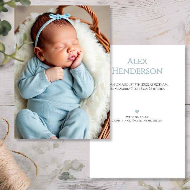 Blått födelsekort för pojke meddelande (Baby Boy Photo Blue Birth Announcement Card, double sided)