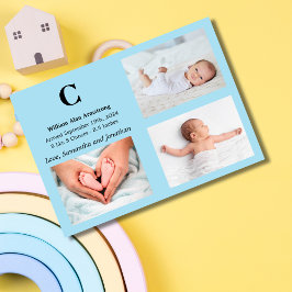 Blått födelsekort i Monogram Pojke Inbjudningar