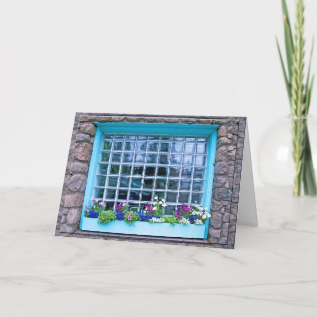 Blått fönsterlåda med blommor Fotografi Kort (Framsida)