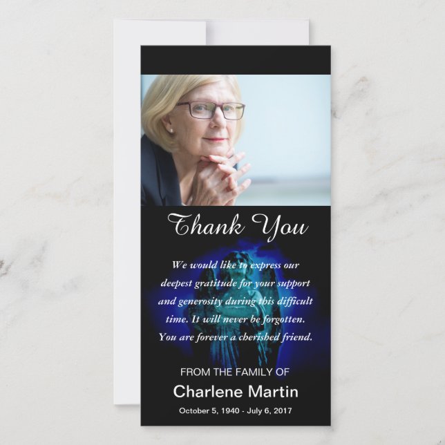 Blått för ängel för sympatitackfoto minnes- tack kort (Framsida)