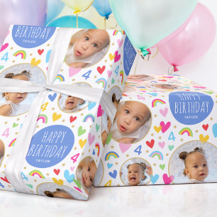 Blått för cute Kids 4e födelsedagen Rainbow Photo Presentpapper