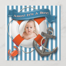 Blått för fotobaby shower för vit nautisk inbjudan