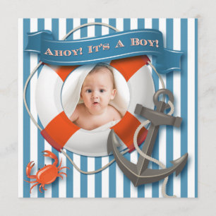Blått för fotobaby shower för vit nautisk inbjudan