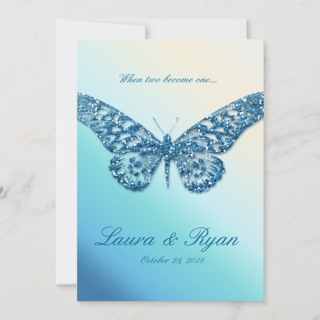 Blått för gnistra för fjärilsbröllopinbjudan inbjudningar (Framsida)