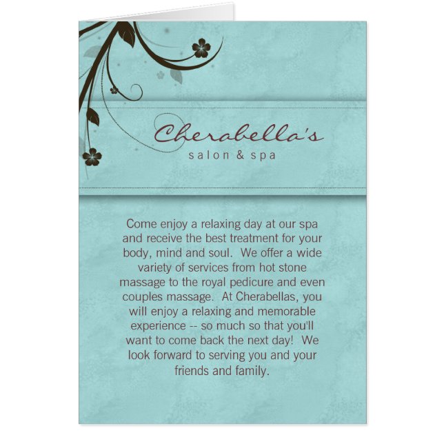 Blått för kort för hälsning för Spasalongbroschyr (Framsidan)