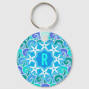 Blått för Monogram för sjöstjärna för strand Nyckelring
