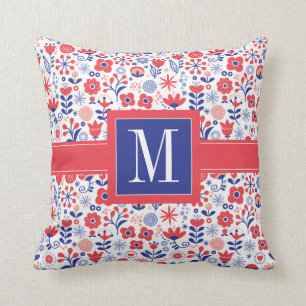 Blått för Monogram & korallblommönster Kudde