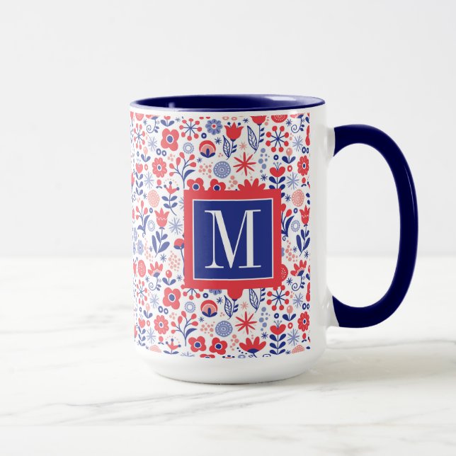 Blått för Monogram | & korallblommönster Mugg (Höger)
