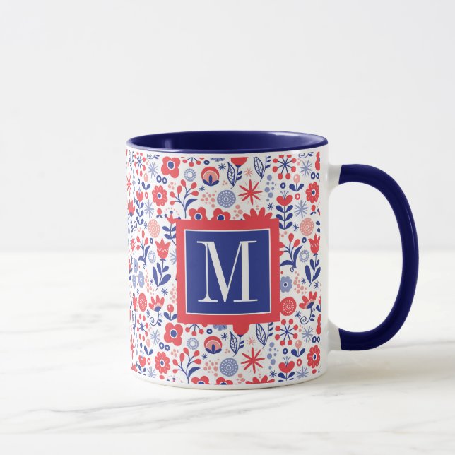 Blått för Monogram | & korallblommönster Mugg (Höger)