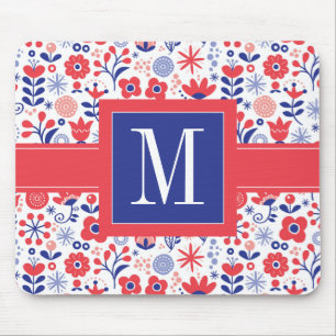 Blått för Monogram & korallblommönster Musmatta