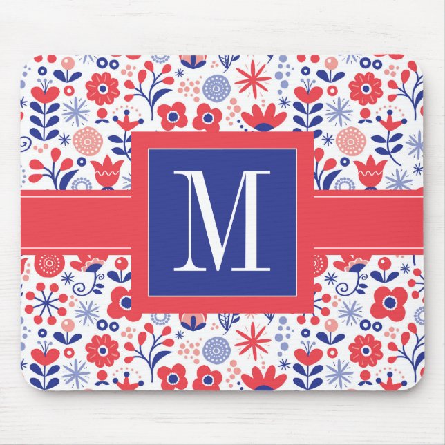 Blått för Monogram | & korallblommönster Musmatta (Framsidan)