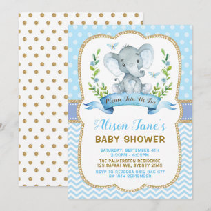 Blått för pojkeelefantbaby shower & guld- inbjudan