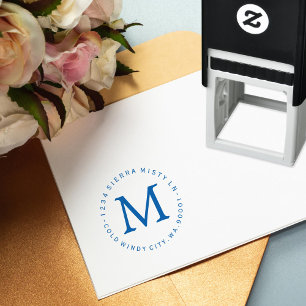 Blått förseglar Monogramreturadressfrimärket Självfärgande Stämpel