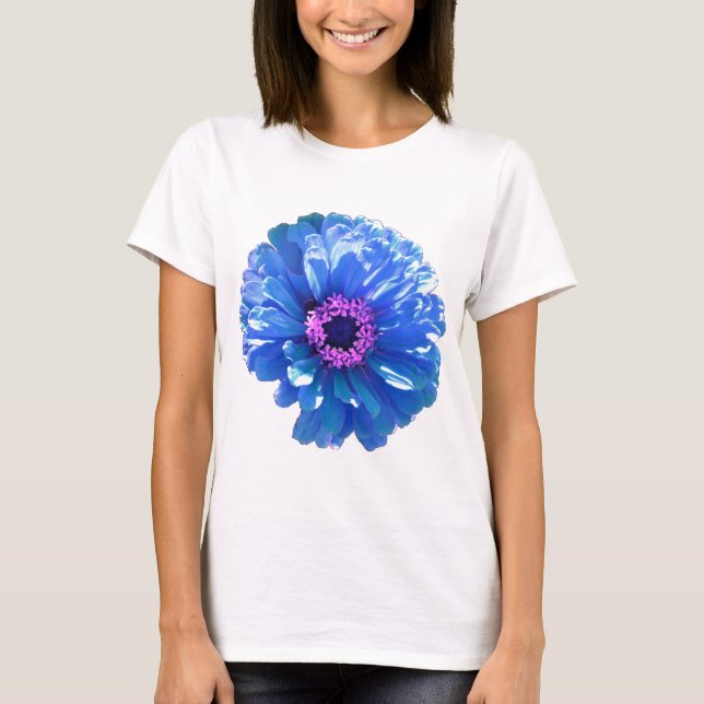 Blått foto för blått daisy i blommigten t-shirt (Framsida)