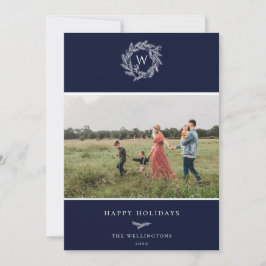 Blått foto för vinterkrans i monogram med Helgdag Julkort