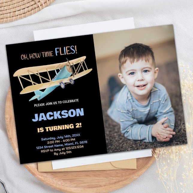 Blått foto från flygplanet inbjudningar (Airplane Birthday Invitations Black Blue w Photo)
