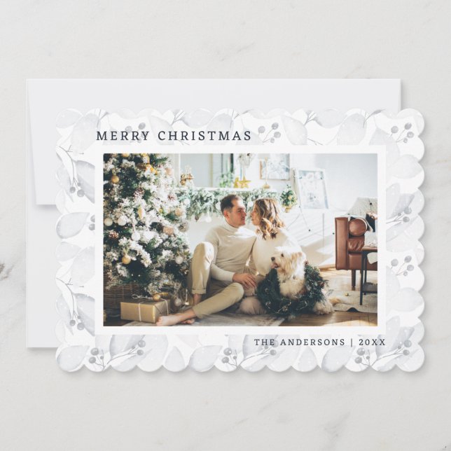 Blått foto-God jul-kort för vinter-blomma Julkort (Framsida)