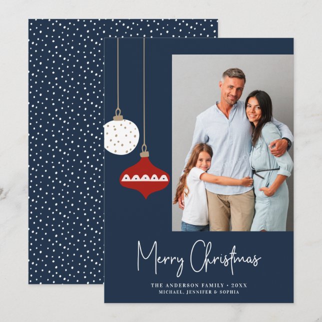 Blått foto-Helgdag för Retro-julprydnader Julkort (Fram/baksida)