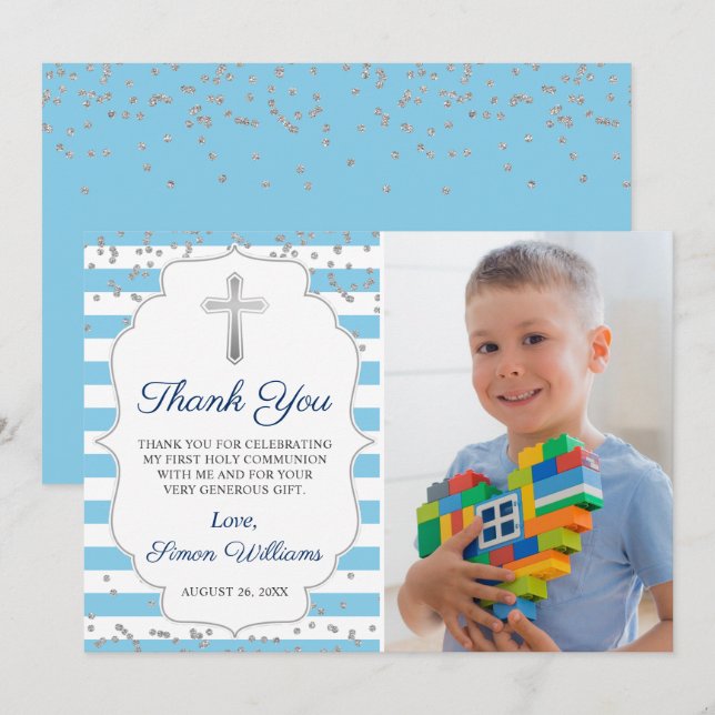 Blått foto i Silver Glitter, första gemenskap Tack Kort (Fram/baksida)