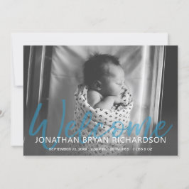 Blått foto- och hälsningsmeddelande för baby inbjudningar