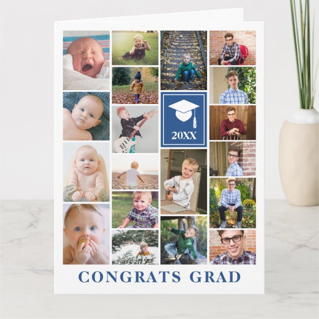 Blått fotokollage Gratulerart Grad-visitkort Kort (Framsida)