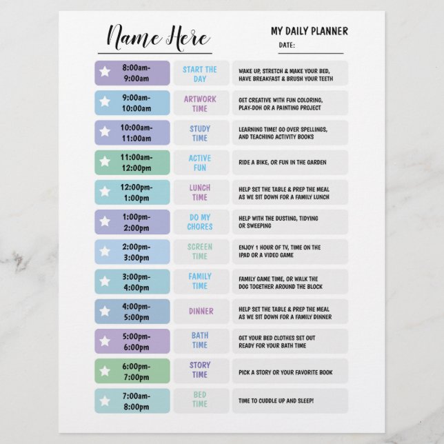 Blått från barnscheman i dagligt planeringsplan reklamblad (Framsidan)