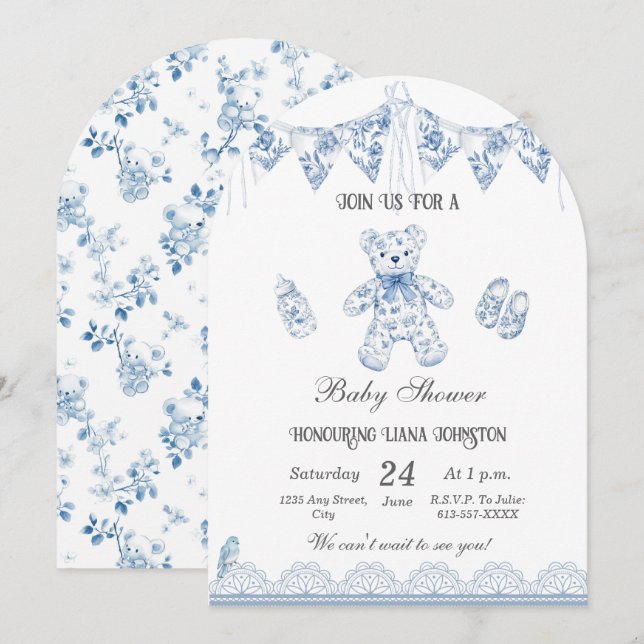 Blått Fransk Bear-Pojke-visningsinbjudan Inbjudningar (Fram/baksida)