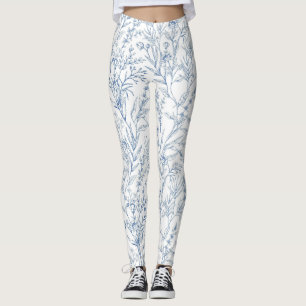 Blått Fransk Blommigt Toile Mönster Leggings
