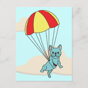 Blått Fransk Bulldog Parbrella Roligt Postcard Vykort