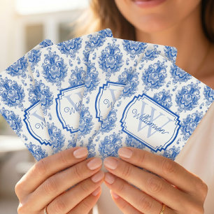 Blått Fransk Damask Toile Mönster Namn Monogram Casinokort