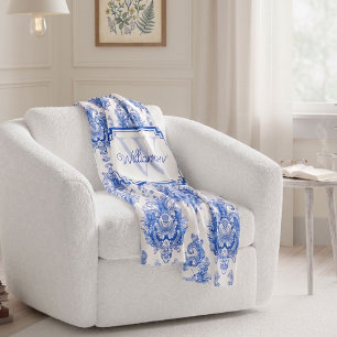 Blått Fransk Damask Toile Mönster Namn Monogram Fleecefilt