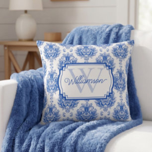 Blått Fransk Damask Toile Mönster Namn Monogram Kudde