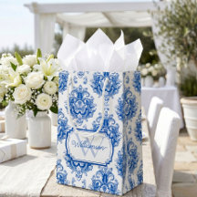Blått franskt Damask Toile Mönster Namn Monogram