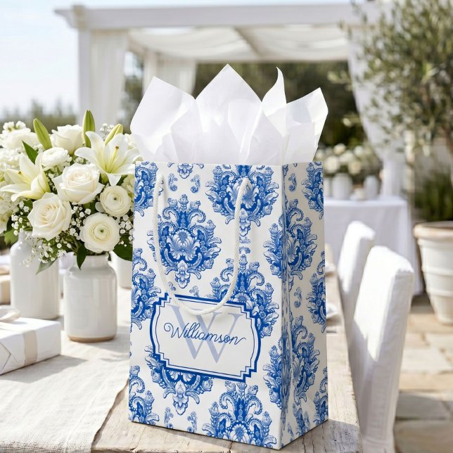 Blått franskt Damask Toile Mönster Namn Monogram (Skapare uppladdad)