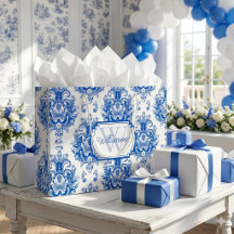 Blått franskt damast Toile-mönster Namn Monogram