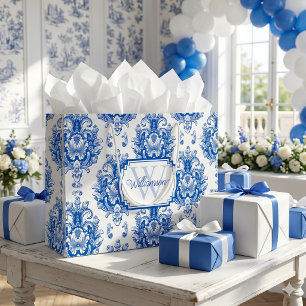 Blått franskt damast Toile-mönster Namn Monogram