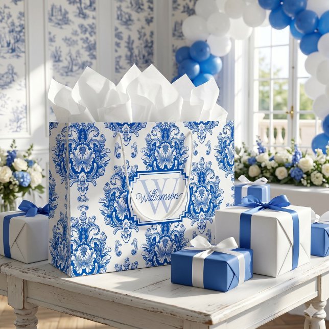 Blått franskt damast Toile-mönster Namn Monogram (Skapare uppladdad)