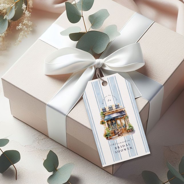 Blått Franskt Kafé Bröllopstårtfest Presentetikett (Skapare uppladdad)