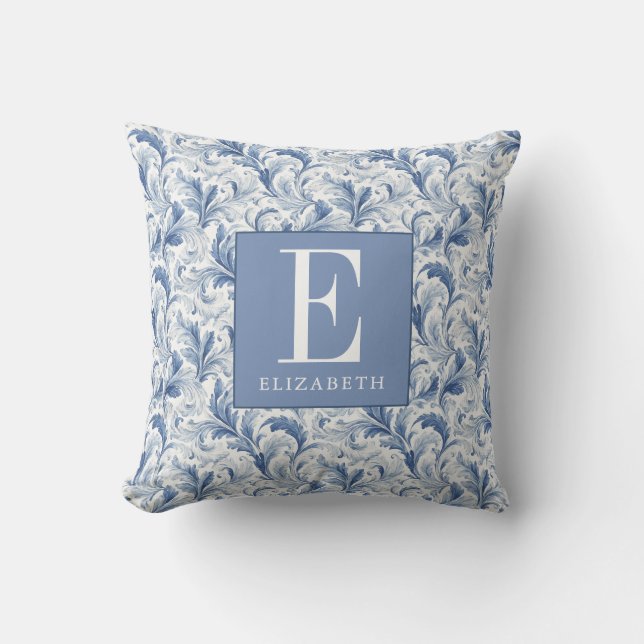 Blått franskt land Toile-mönster monogram Kudde (Framsida)