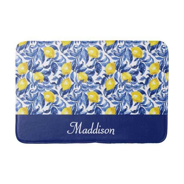 Blått franskt landsbygd Lemonmönster Monogramnamn Badrumsmatta (Framsidan)