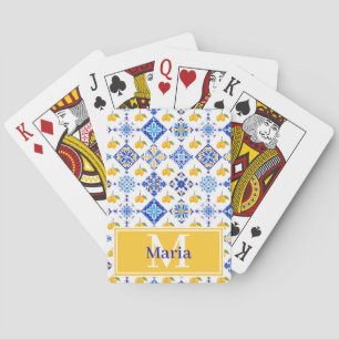 Blått franskt landslemonmönster monogramnamn casinokort