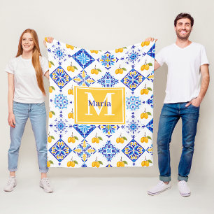 Blått franskt landslemonmönster monogramnamn fleecefilt